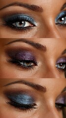 Naklejka premium Three close-up shots of eyes with dramatic makeup serve as a background for beauty tutorials, highlighting cosmetic artistry and self-expression.
