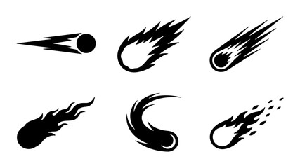 Set of six black vector comet icons, meteor streaks, and fiery celestial objects, space exploration graphic elements © Shilpi