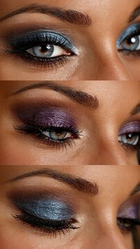 Three close-up shots of eyes with dramatic makeup serve as a background for beauty tutorials, highlighting cosmetic artistry and self-expression.