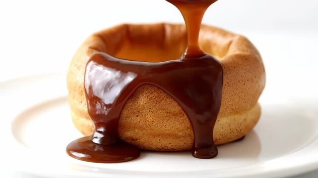 Rich brown gravy pouring over yorkshire pudding classic british comfort dish