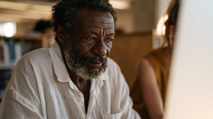 Obraz premium A man experiencing homelessness sits at a public library computer wearing a pressed collared shirt, applying for jobs with focused intensity, a library volunteer helping him
