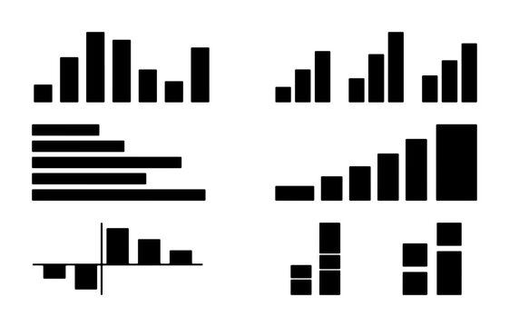 Black Bar Chart Icons, Data Visualization Graphics, Business Analytics Vector Set, Financial Report Elements