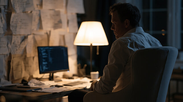 Malware reverse engineer seated alone in a dimly lit lab surrounded by printed hexadecimal code sheets, isolated workstation with decompiler software visible, minimalist