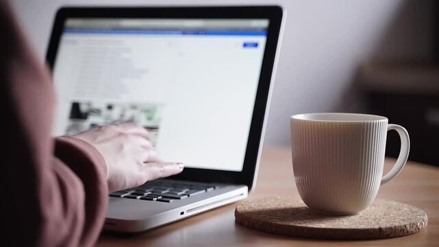 Person working on laptop computer with coffee cup nearby, close up on hands typing, modern technology for remote work or study, home office setup, focused individual.