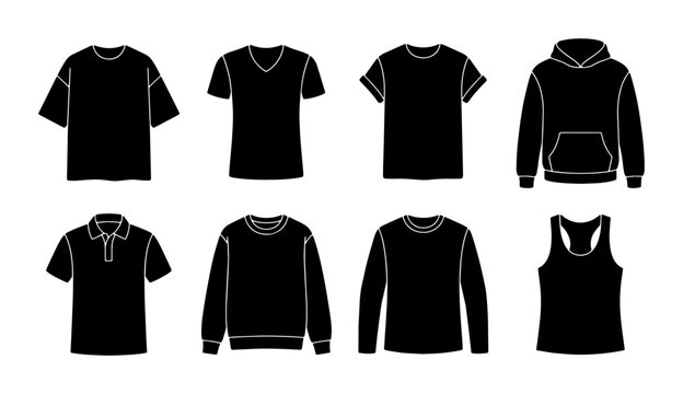 Black Apparel Collection: T-shirts, Hoodie, Polo, Sweatshirt, Long Sleeve, Tank Top Vector Icons