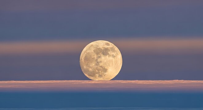 Full moon rising above the horizon during a colorful twilight evening