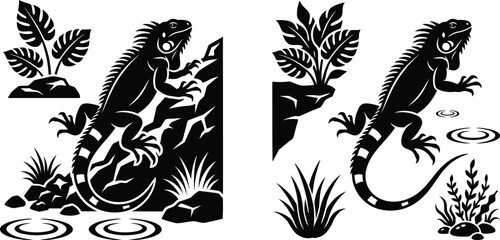 Dragon Head and Body Tattoo Style Flat Vector Illustration with Feathers, Rocks and Water Splashes © Jebiner