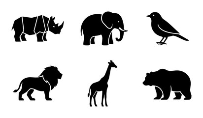 African Wildlife Silhouettes: Lion, Elephant, Rhino, Giraffe, Bear, Bird Icons for Nature and Safari Themes © Nadira