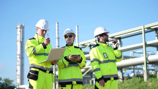 Professional industrial engineers with laptop and walkie talkie at oil refinery facility exterior, Team of diverse engineers in high visibility safety gear working at petrochemical plant