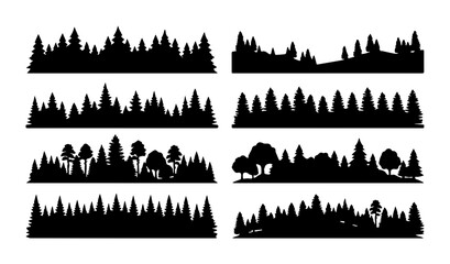 Forest Silhouette Vector Pack: Evergreen Trees, Pine, Woodland Landscapes, Nature Backgrounds, Outdoor Scenery Elements © Nadira
