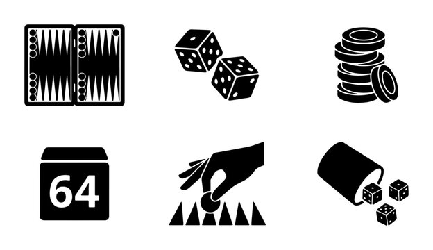 Gambling Game Icons: Backgammon Board, Dice, Chips, Scorecard, Player Hand, Dice Cup Vector Set