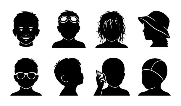 Children's Silhouettes, Diverse Faces, Headwear & Accessories, Vector Icons for Childhood & Summer Themes
