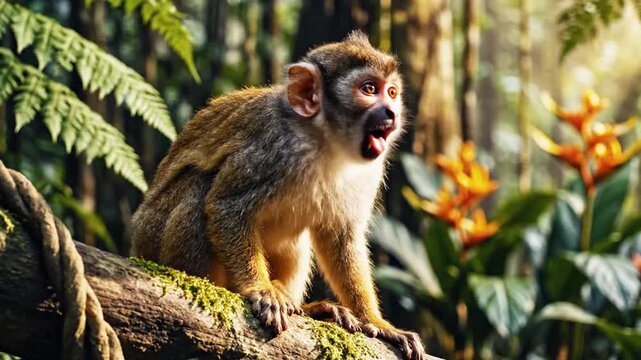 Small squirrel monkey sitting on tropical forest vine.