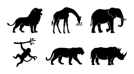 African Wildlife Silhouettes: Lion, Giraffe, Elephant, Monkey, Tiger, Rhino Vector Icons for Safari and Zoo Designs © Enamul