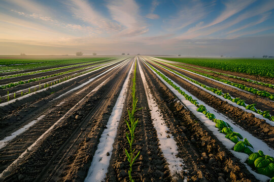 Young crops planted in long furrows under dawn sky
