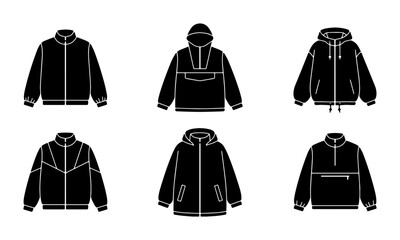Black Jacket Icons, Vector Fashion Illustrations: Hooded, Zip-Up, Sportswear Styles for Apparel Design © Enamul