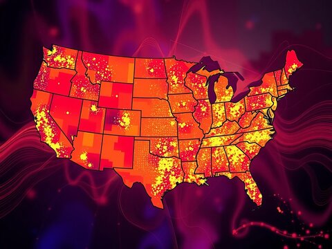 Data points and lines illustrating population density on a US map, population, statistics