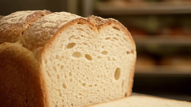Close-up of a freshly baked golden-brown loaf of homemade white bread dusted with flour, showcasing the rustic crust and texture, perfect for sandwiches or toast in a bakery setting.