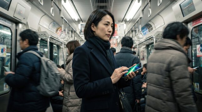 A thoughtful woman in a dark winter coat looks up from her glowing smartphone while standing inside a busy subway car, surrounded by the fast-paced motion blur of other commuters.