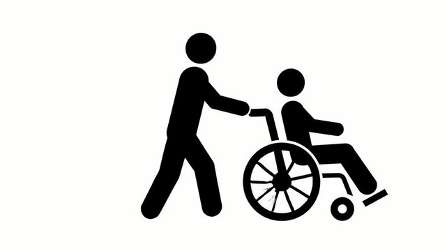 Disabled silhouette person on wheelchair and one silhouette person pushing the wheelchair 