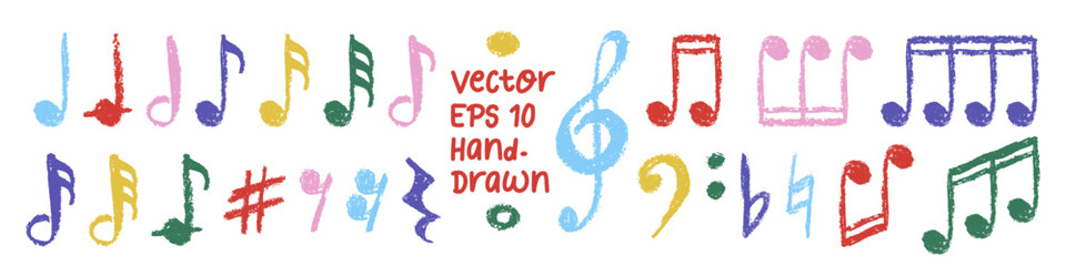 Colorful crayon music notes collection. Hand drawn vector illustration on transparent background. Chalk doodle hand-drawn clef, quaver and flat, natural and crotchet with crayon texture for kid design © EgorTopor
