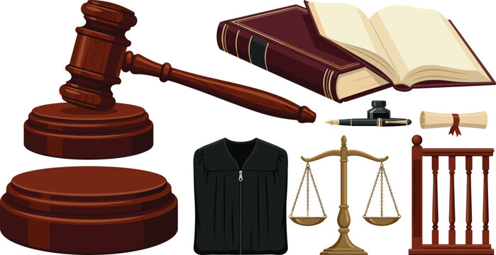 Law and justice concept vector illustration element set. Wooden judge gavel, open legal books, scales of justice, advocate robe, fountain pen, scroll, and witness box isolated on white background.