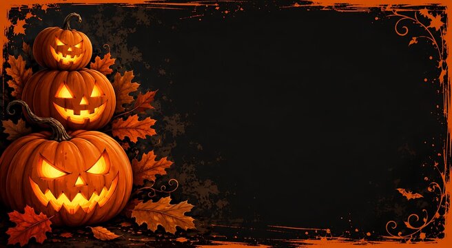 Spooky Halloween background with stacked glowing jack o lanterns and autumn leaves on dark copy space