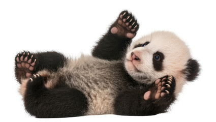 Fluffy baby panda lying on its back, isolated on transparent background © Viktor