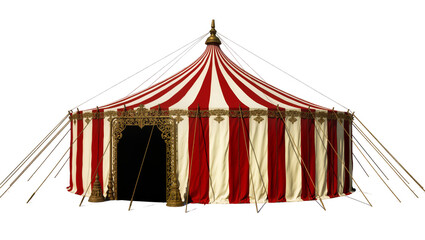 Grand red and white striped circus tent with ornate gold trim, isolated on transparent background © Viktor