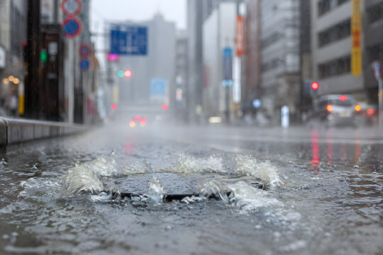 豪雨で水が溢れる都市道路のマンホール