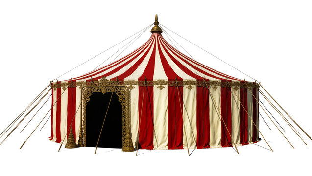 Grand red and white striped circus tent with ornate gold trim, isolated on transparent background