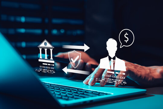 Banking transaction security and customer verification concept. bank transfer icons, protected payment flow, identity profile, fraud prevention, data privacy, financial compliance, and secure access.