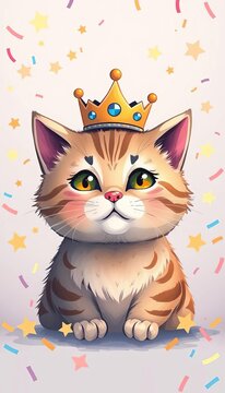 "Adorable illustration of a cat with a crown on its head surrounded by stars and confetti", illustration, mimi