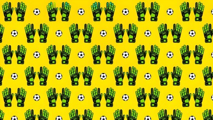 Obraz premium Seamless Pattern of Soccer Goalkeeper Gloves and Balls on Yellow Background
