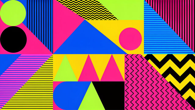 Vibrant geometric pattern featuring bold neon shapes and high contrast lines arranged in a dynamic modern artistic composition for design