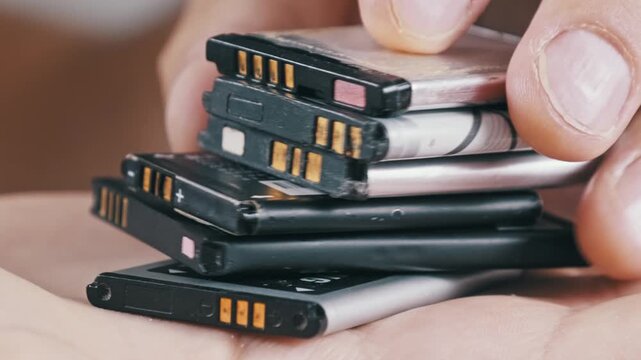 Macro shot of a persons hand holding a pile of used obsolete lithium-ion mobile phone batteries. The image emphasizes e-waste recycling and hazardous materials.