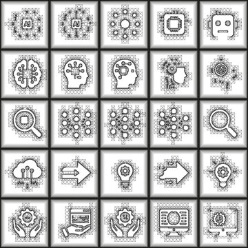 A set of 25 black and white vector icons representing artificial intelligence, machine learning, cloud computing, and big data concepts inside a structured geometric grid.