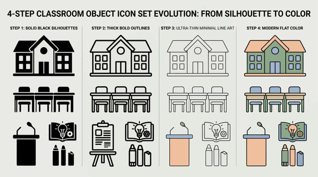 a design guide titled "4-Step Classroom Object Icon Set Evolution.