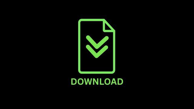 Animated file download icon with kinetic typing text on a black background, digital data retrieval concept loop