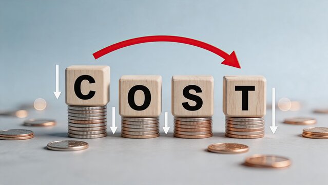 Wood blocks spelling cost word on stacks of coins with red downward arrow, representing cost reduction budget cutting and financial savings strategy for business efficiency