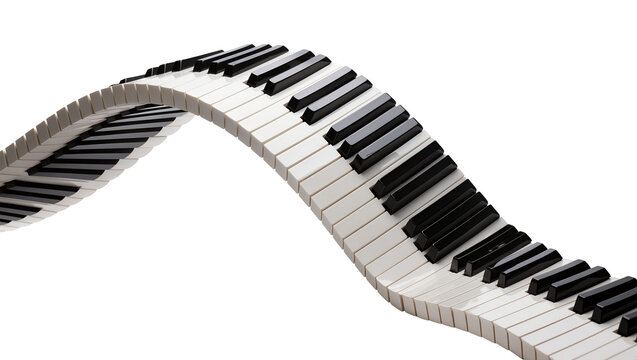Wavy piano keyboard with black and white keys, isolated on transparent background