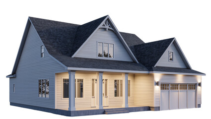 Modern white farmhouse with gabled roof and porch, isolated on transparent background © Constantin