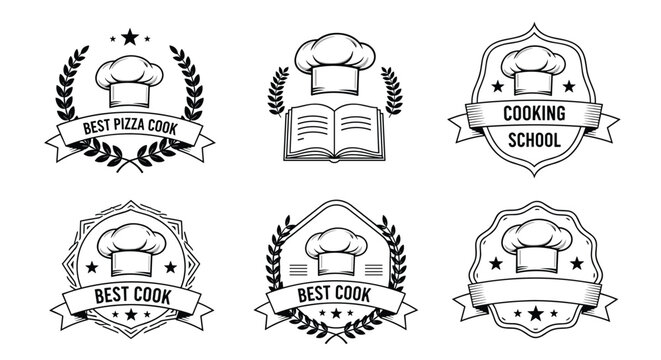Set of black and white cooking school and best cook retro emblem templates with chef hat and laurels.