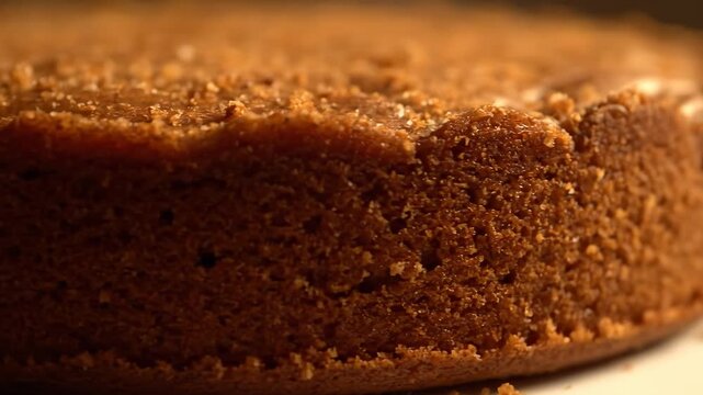 Extreme close-up of delicious baked cake texture being sliced by a baker's spatula, highlighting the moist, crumbly surface and warm, homemade feel.
