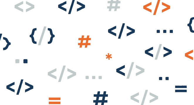 Hand-drawn flat graphic seamless pattern of various programming symbol