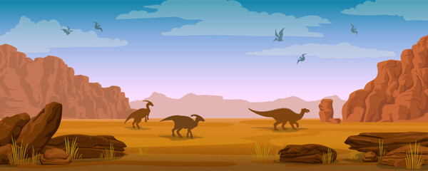 Prehistoric landscape with dinosaurs, mountains, desert and stones. Vector illustration with extinct plants and animals. Image with silhouette of iguanodons, parasaurolophus and pterodactyls. © Natali Snailcat