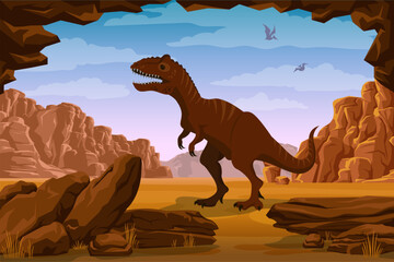 Prehistoric landscape with tyranosaur t-rex, cave, mountains, desert and pterodactyls. Vector illustration with extinct plants and animals. Image with dinosaurs. © Natali Snailcat