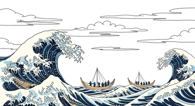Traditional Japanese style woodblock print ocean landscape depicting massive tidal waves crashing over two rowing boats.