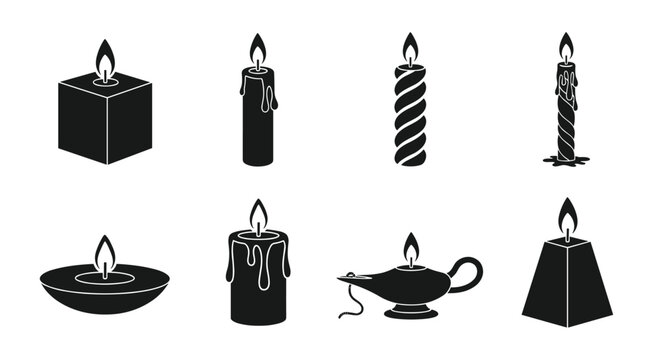 Group of classic black candle silhouettes of various heights, shapes, and designs with a bright burning flame on top.