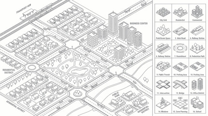 Fototapeta premium Isometric Cityscape Illustration: Urban Planning and Development Elements